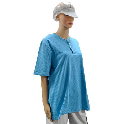 Pokój czysty 99% bawełna + 1% włókna węglowe Niebieski Unisex ESD Antystatyczna O-kręgosłup T-shirt z 3 guzikami