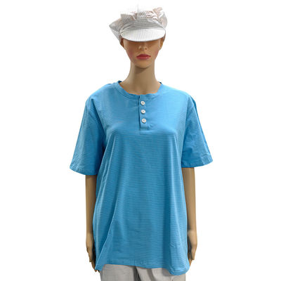 Pokój czysty 99% bawełna + 1% włókna węglowe Niebieski Unisex ESD Antystatyczna O-kręgosłup T-shirt z 3 guzikami